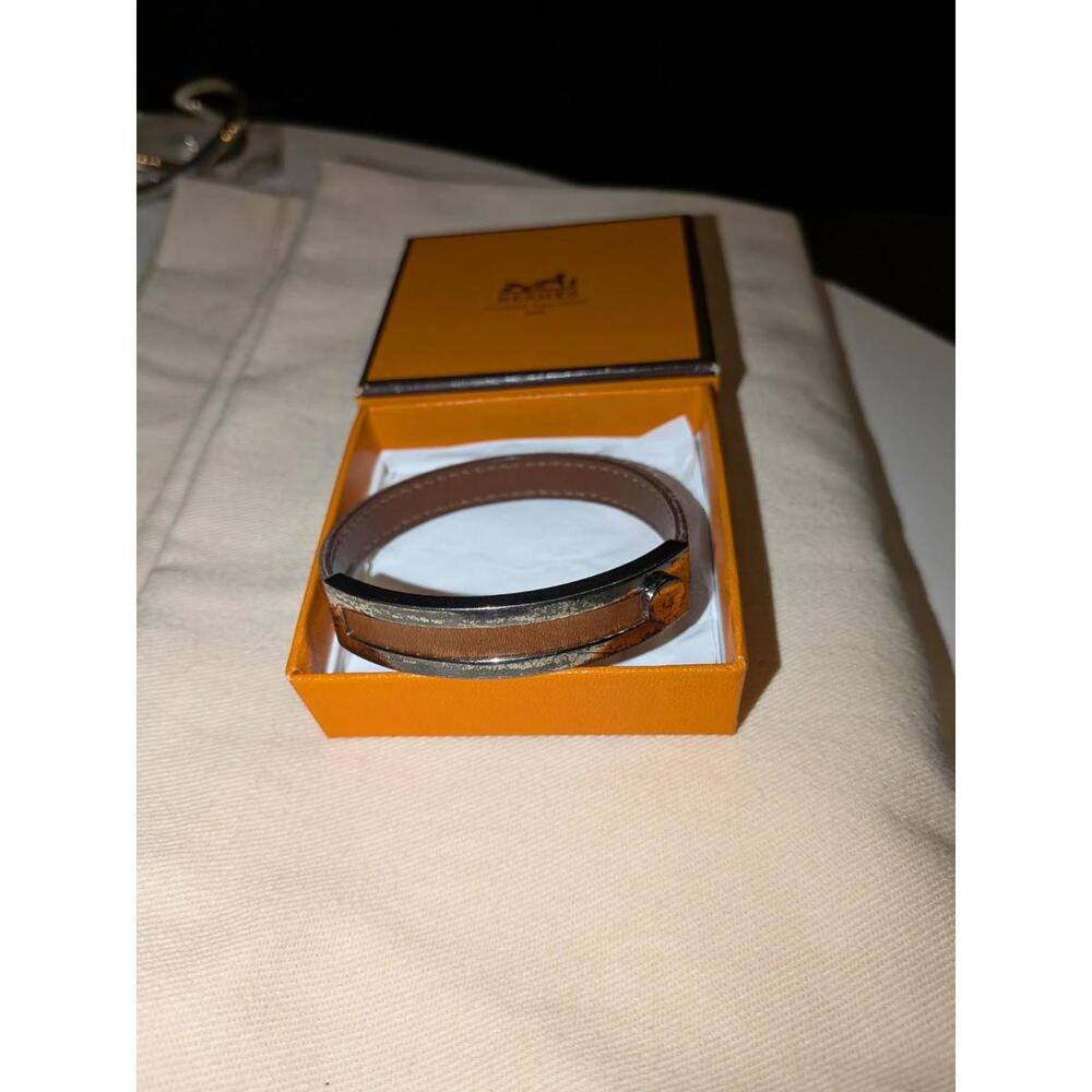 Vintage Hermes Brown Leather Pousse Pousse Bracelet Silver Metal Adjustable